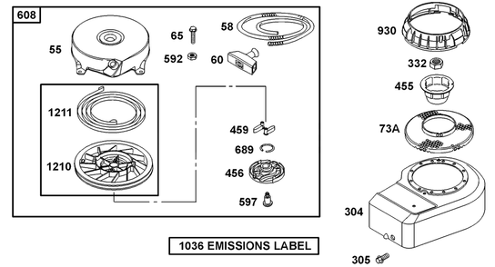 Rewind Group, Blower Housing Diagram and Parts List for 10C902-2033-XX  Briggs and Stratton Engine